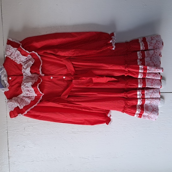 Vintage 80's Mini World Lace & Ruffle Red & White Polka Dot Dress SZ 7 - Picture 11 of 11